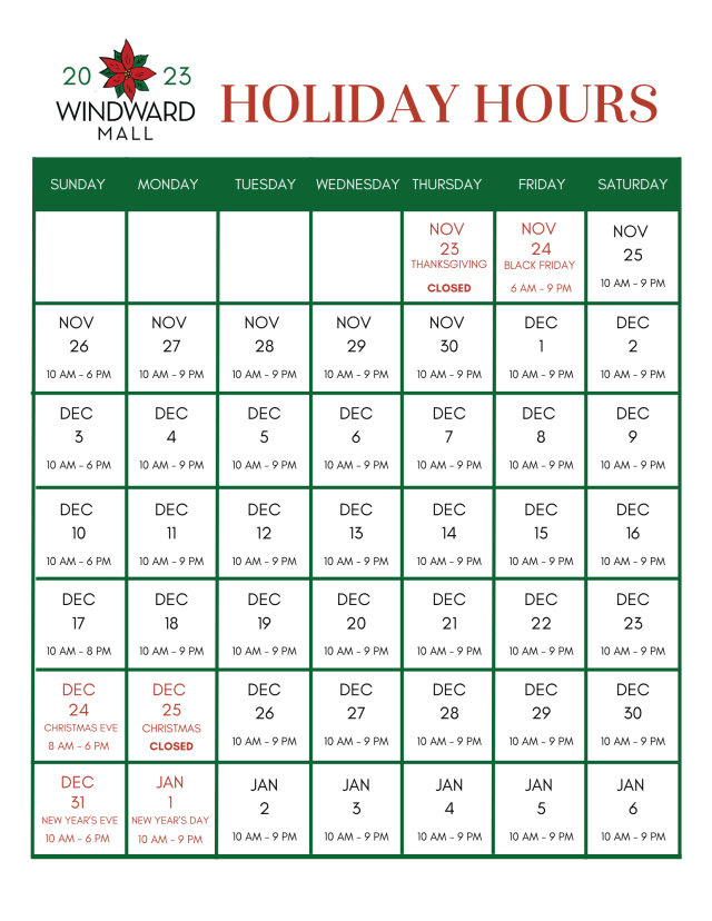Windward Mall Holiday Hours 2023 Windward Mall