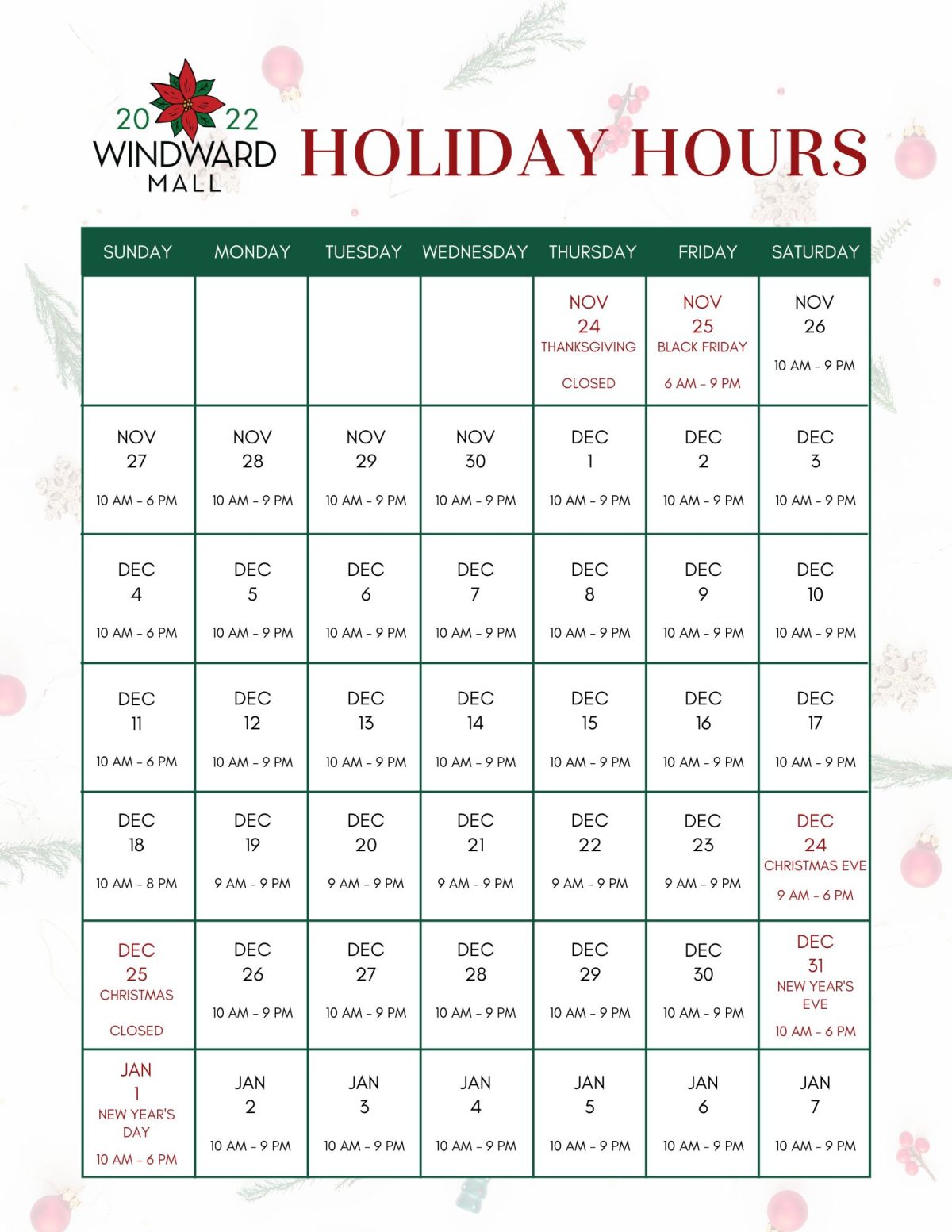 Holiday Hours Windward Mall